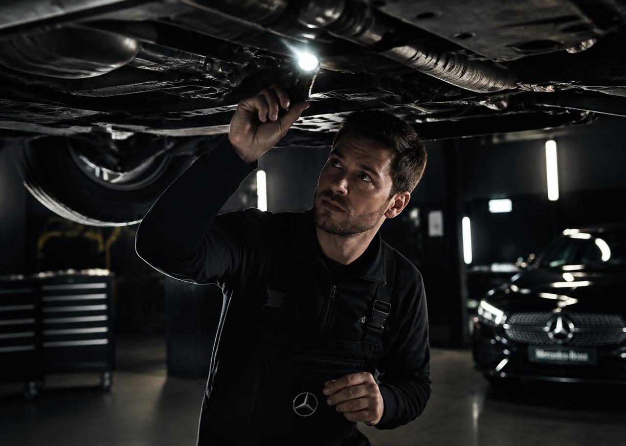 Technician inspecting the underside of a vehicle on a lift
