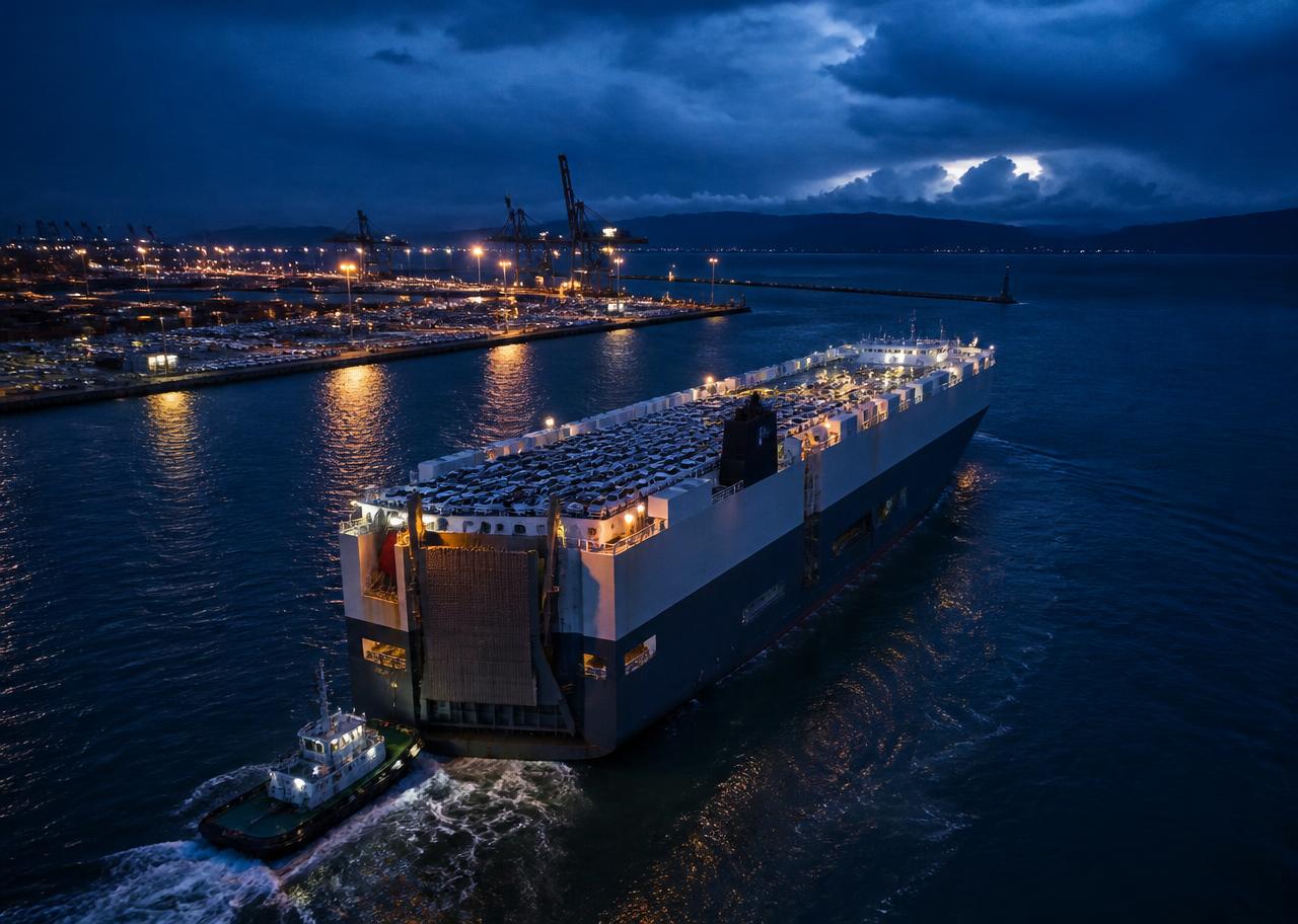 Vehicle carrier vessel departing a port at blue hour